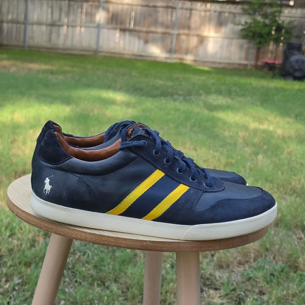 Polo Ralph Lauren Camilo II Mens Navy Blue Yellow Leather Suede Sneakers 13D